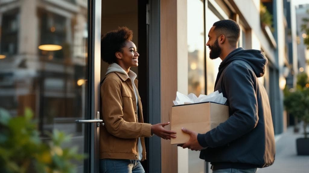 Courier handing off a delivery in a neighborhood zone